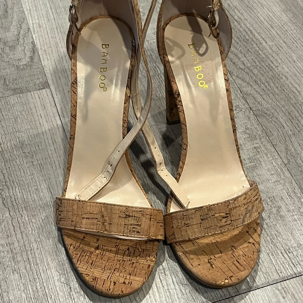 BAMBOO Tan Heels with Ankle Strap and Cork Sole